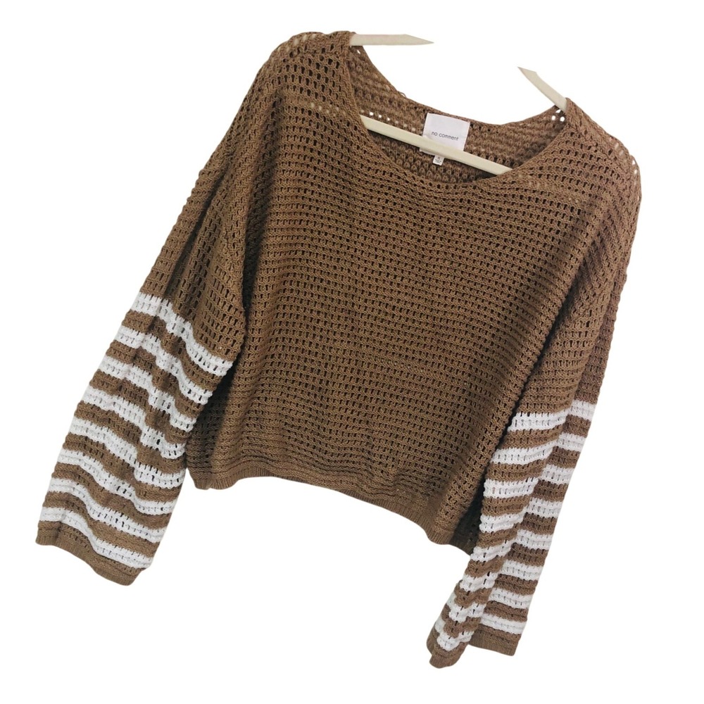 No Comment White Striped Open Knit Crop Sweater Boho Crochet Earthy Retro XL